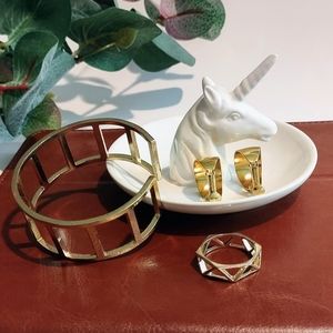Bundle of Golden Napier Earrings and Matching Color Bracelet Cuff and Ring US 11